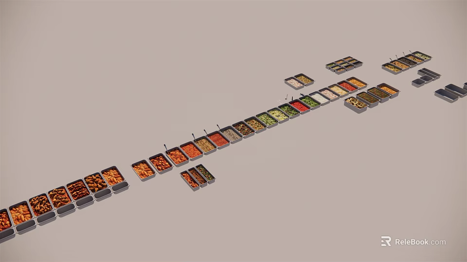 Assorted Food Items Arranged Neatly In Multiple Trays With Various Colors 3d model