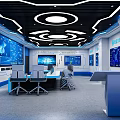 Smart Command Center Interior With Blue Tech Data Visualization Screens Conference Table And Chairs 3d model