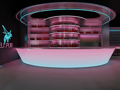 Modern Bar Interior With Curved Counter Neon Lights And Red Bottle Shelves 3d model