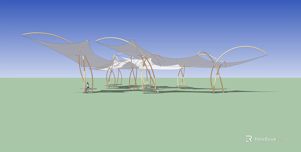Outdoor Chair Under White Canopy with Metal Frame on Blue Sky Green Lawn 3d model 