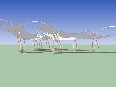 Outdoor Chair Under White Canopy with Metal Frame on Blue Sky Green Lawn 3d model