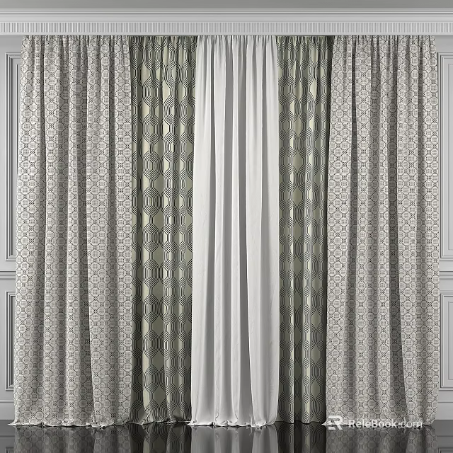 Elegant Modern Curtains With Geometric Patterns And Green Gray Fabric Design 3d model