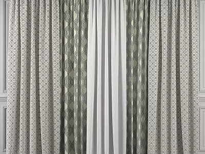 Elegant Modern Curtains With Geometric Patterns And Green Gray Fabric Design 3d model