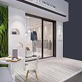 Minimalism Style Clothing Store With Clothing Racks Pink Chair Marble Counter And Chandeliers