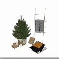 Festive Decorative Ornament Set With Lit Christmas Tree Gift Boxes Ladder Shelf Pillow And Blankets