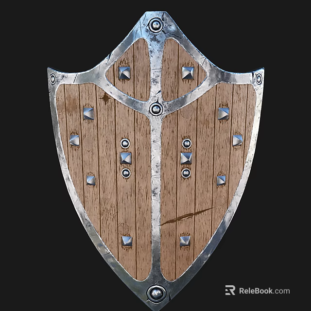 Handcrafted Medieval Shield With Wooden Surface Metal Frame And Decorative Rivets 3d model 