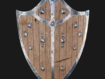Handcrafted Medieval Shield With Wooden Surface Metal Frame And Decorative Rivets 3d model