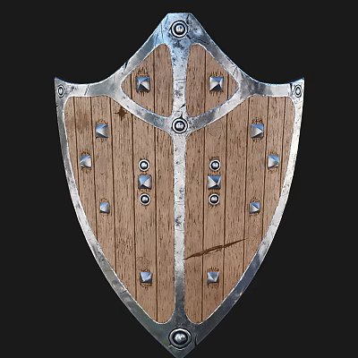 Handcrafted Medieval Shield With Wooden Surface Metal Frame And Decorative Rivets 3d model