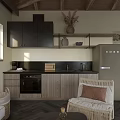 Rustic Living Space With Wooden Ceiling Beams Stone Walls Sofa Kitchen And Woven Tapestry