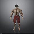 Muscular Shirtless Male Character With Black Hair Red Shorts And Barefoot In Gray Background