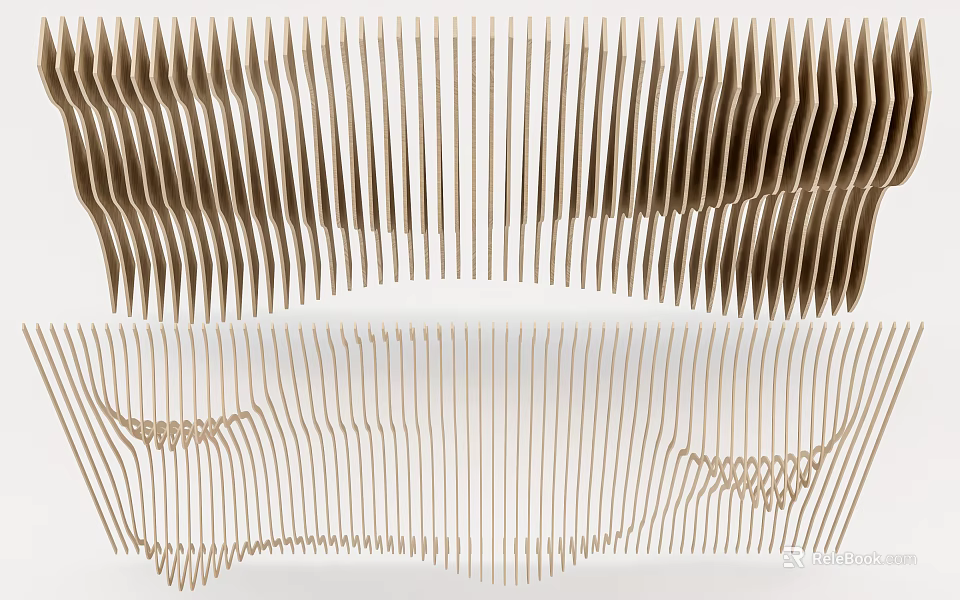 Modern Elegant Ceiling Design With Curved Wooden Strips And Linear Patterns 3d model 