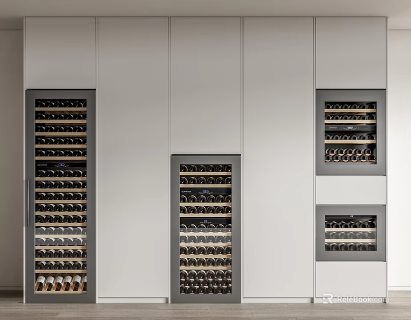 Modern Built in Wine Cabinet Interior With White Cabinetry Black Wine Racks And Multiple Shelves 3d model 