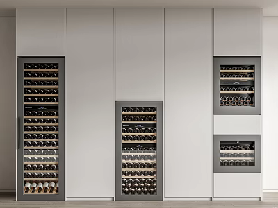 Modern Built in Wine Cabinet Interior With White Cabinetry Black Wine Racks And Multiple Shelves 3d model