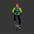 Cyclist Riding Bicycle With Red Helmet Sunglasses Green Jacket Blue Pants And Backpack
