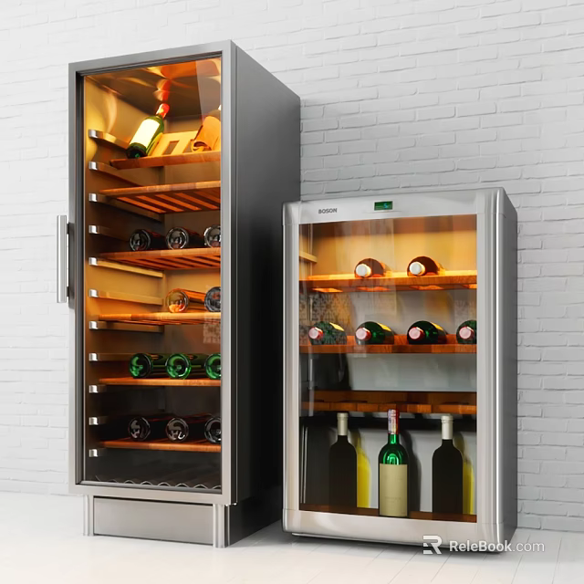 Two Modern Stainless Steel Wine Refrigerators With Glass Door And Shelves Storing Wine Bottles 3d model 