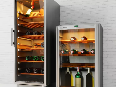 Two Modern Stainless Steel Wine Refrigerators With Glass Door And Shelves Storing Wine Bottles 3d model