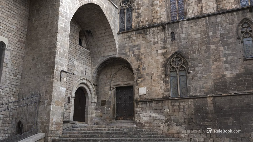 Ancient Stone Gate With Arched Design And Gothic Windows In Historic Building 3d model