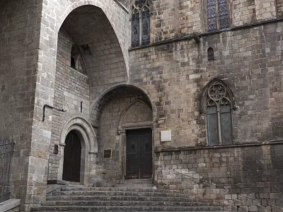 Ancient Stone Gate With Arched Design And Gothic Windows In Historic Building 3d model