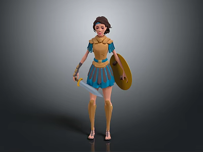 Warrior Game and Movie Female Character With Blue Armor Golden Details Sword and Shield 3d model