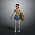 Warrior Game and Movie Female Character With Blue Armor Golden Details Sword and Shield