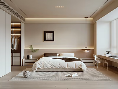 Minimalist Modern Bedroom Interior Design With Bed Headboard Natural Light Rug Wardrobe And Desk Chair 3d model