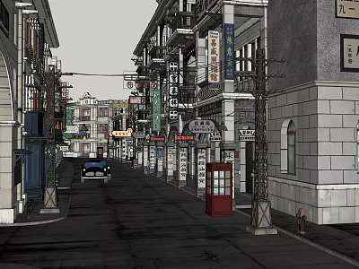 Traditional Chinese Commercial Street With Vintage Car Red Telephone Booth And Signboards 3d model