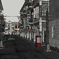 Traditional Chinese Commercial Street With Vintage Car Red Telephone Booth And Signboards