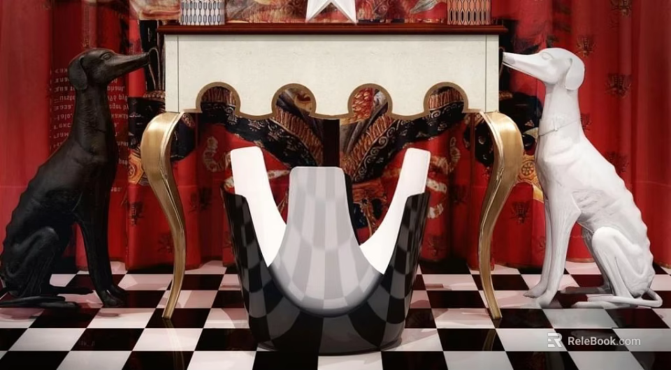 Luxury Console Table With Gold Accents Carved Details Red Curtains And Checkered Floor 3d model 
