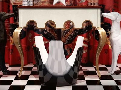 Luxury Console Table With Gold Accents Carved Details Red Curtains And Checkered Floor 3d model