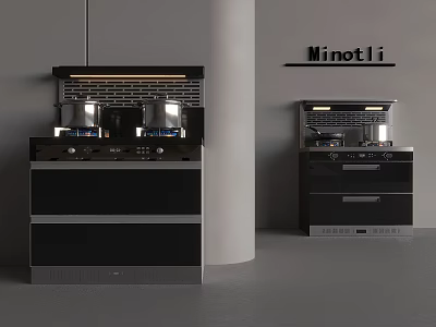 Modern Minotli Kitchen Appliances With Sleek Black Stove Oven And Drawers 3d model