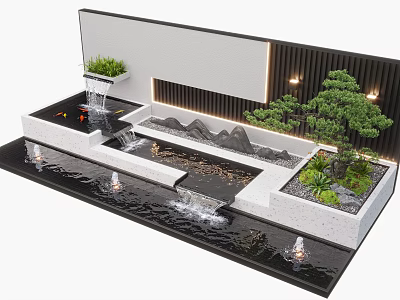 Modern Water Feature Fountain With Rockery Green Plants And Lighting 3d model