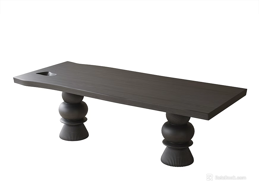 Modern Dark Wooden Rectangular Dining Table With Decorative Pillar Legs Design 3d model