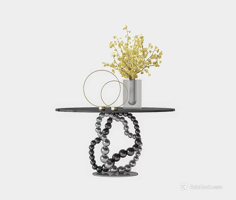 Modern Side Table With Beaded Base Round Black Top And Gold Rings Yellow Floral Vase 3d model 