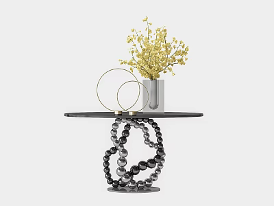 Modern Side Table With Beaded Base Round Black Top And Gold Rings Yellow Floral Vase 3d model