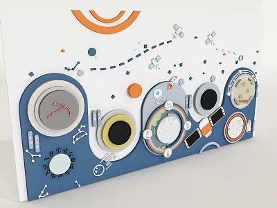 Interactive Space Theme Building Blocks Panel With Colorful Circular Buttons Tracks And Satellite Designs 3d model