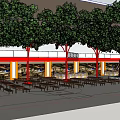 Large Indoor Arbor With Green Leaves Yellow Fruits Red Pillars Long Tables In Dining Space