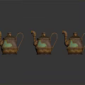 Three Vintage Copper Kettles With Green Patina Handles And Spouts As Household Items