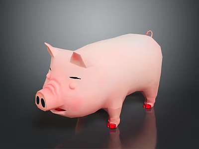 Cute Pink Cartoon Pig Character With Closed Eyes And Red Hooves 3d model