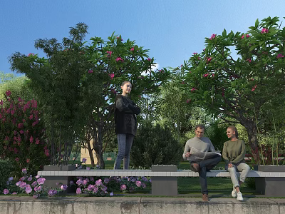 Garden Landscape With Trees Pink And Purple Flowers Bench And People Standing Sitting 3d model