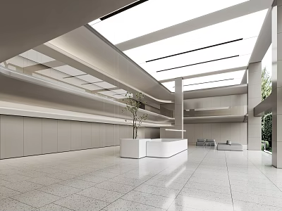 Modern Reception Desk in Open Office Lobby with Skylights White Counter Sofa and Green Plant 3d model