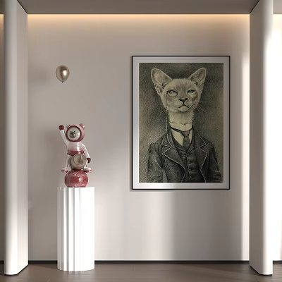 Black and White Oil Painting Portrait of Cat in Suit with Bowtie Hanging on Wall 3d model