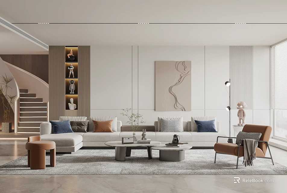 Modern Living Room Interior With Sofa Coffee Tables Accent Chair Abstract Painting And Display Shelf 3d model 