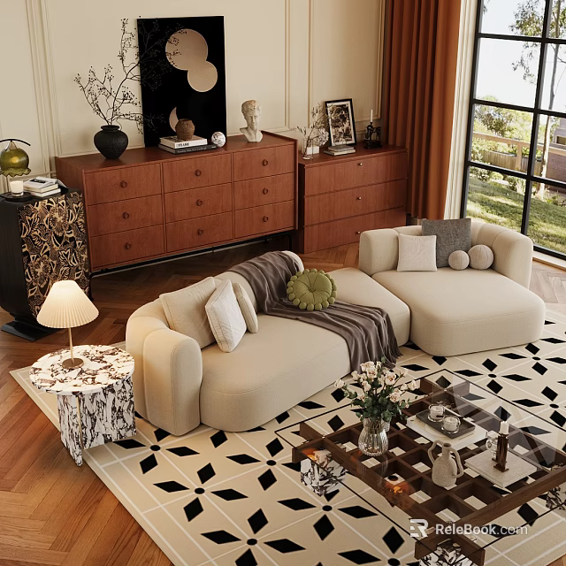 Modern Beige L-shaped Sofa Coffee Table Set With Throw Pillows Blanket Flowers And Geometric Rug 3d model 