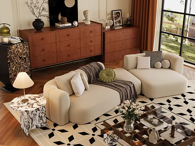 Modern Beige L-shaped Sofa Coffee Table Set With Throw Pillows Blanket Flowers And Geometric Rug 3d model
