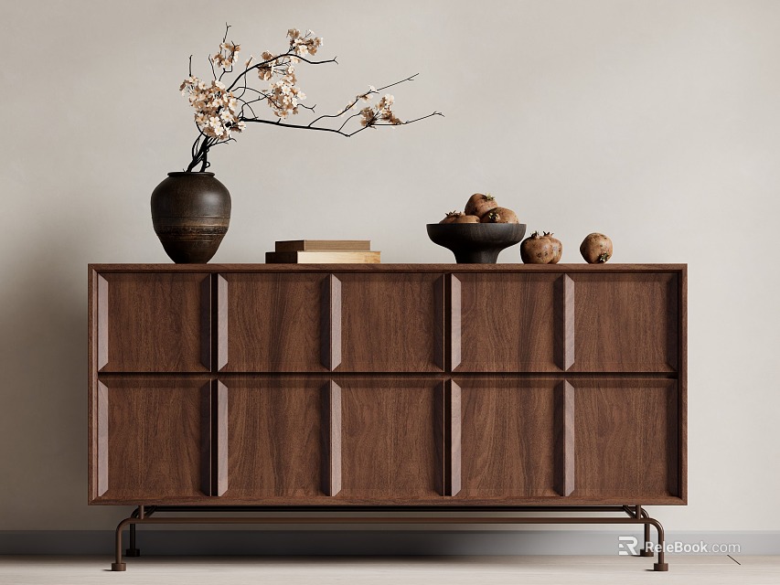 Walnut Entryway Cabinet Sideboard With Drawers Vase Flowers Books Bowl Nuts 3d model 