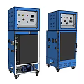 Two Blue Industrial Equipment Machines With Control Panels And Rolling Wheels