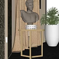 Elegant White Classical Bust Sculpture On Golden Stand In Indoor Decor With Potted Plant