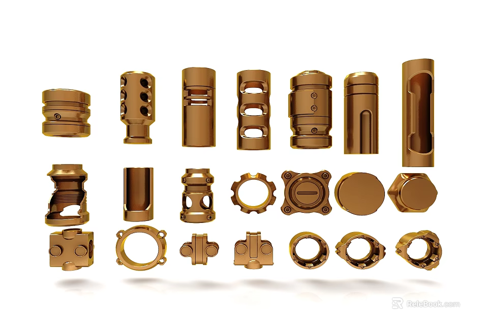 Golden Metal Mechanical Parts With Various Shapes Sizes And Detailed Designs 3d model 