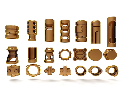 Golden Metal Mechanical Parts With Various Shapes Sizes And Detailed Designs 3d model