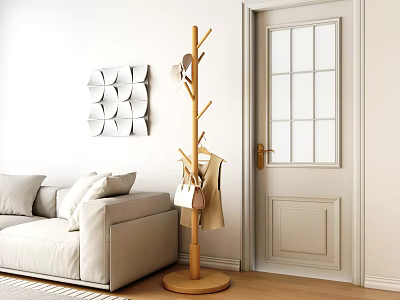 Wooden Coat Rack In Minimalist Living Room With Sofa And Art 3d model